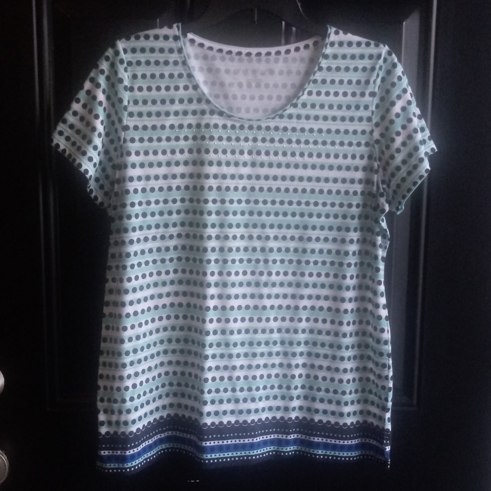 Turquoise/green and white striped & polka dot shir